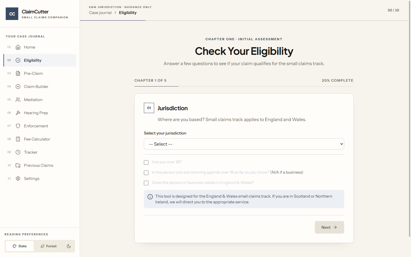 ClaimCutter eligibility assessment for England and Wales