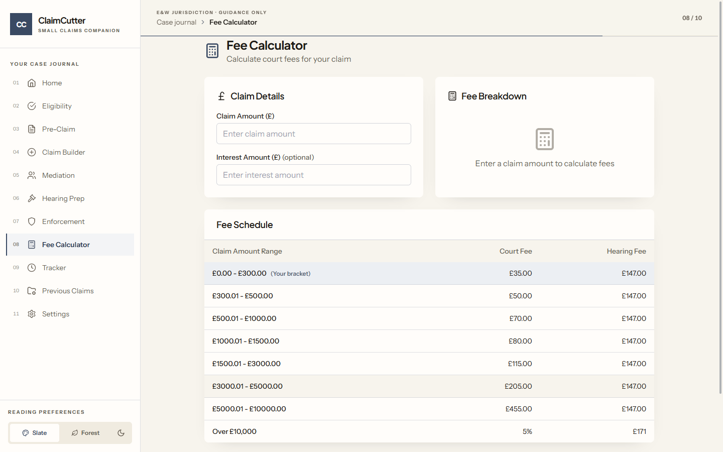 ClaimCutter court fee calculator and fee schedule