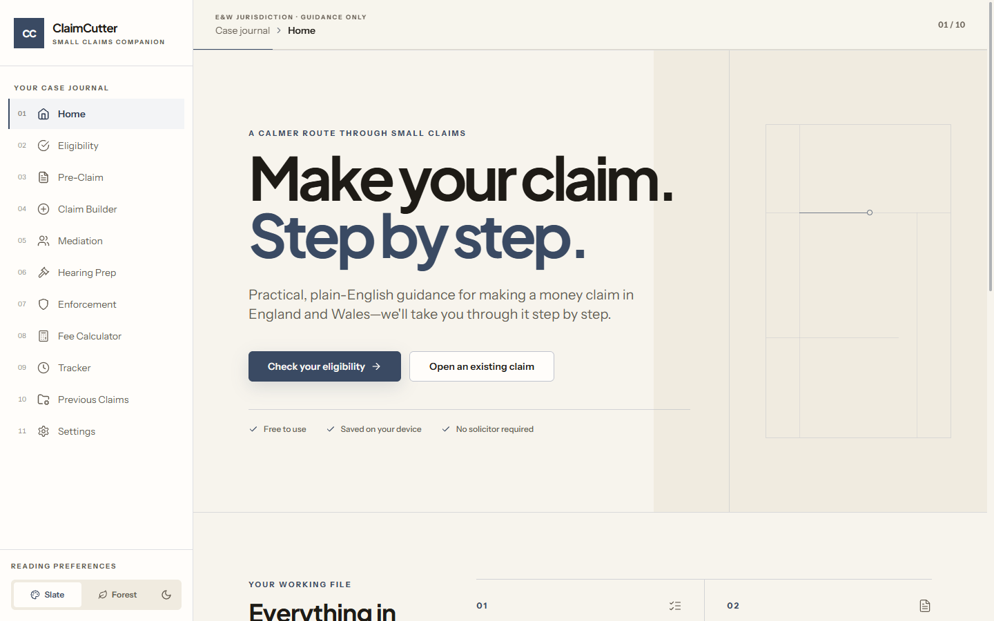 ClaimCutter welcome screen with step-by-step guidance