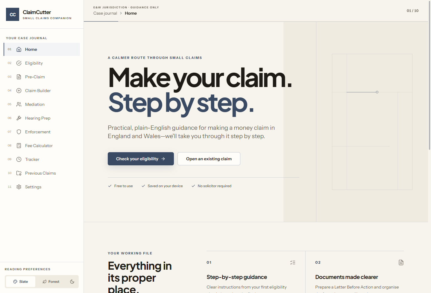 ClaimCutter app showing its home screen and step-by-step case navigation